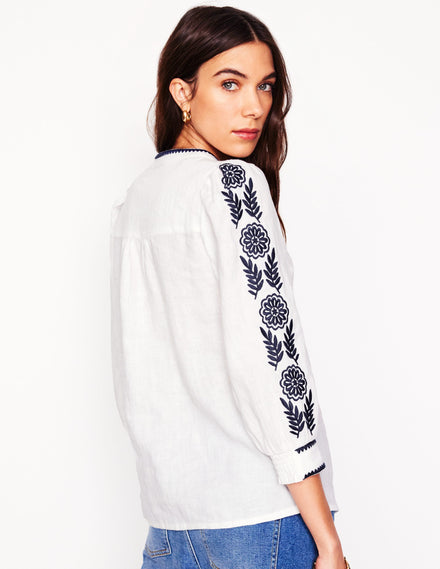 Alicia Linen Top-White, Navy Floral Embroidery