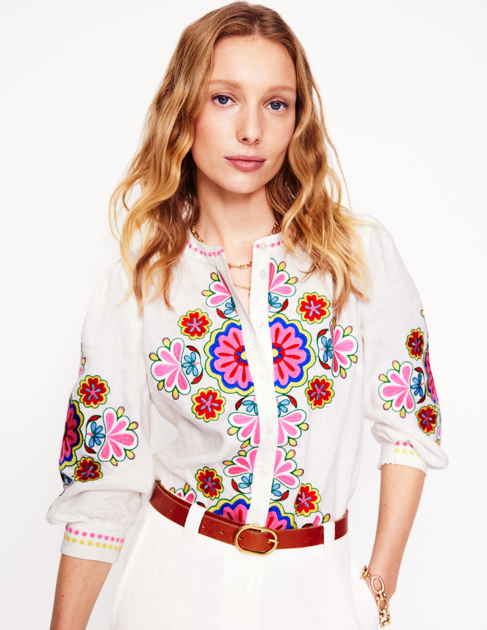 Alicia Linen Top-White, Floral Embroidery - Image 1