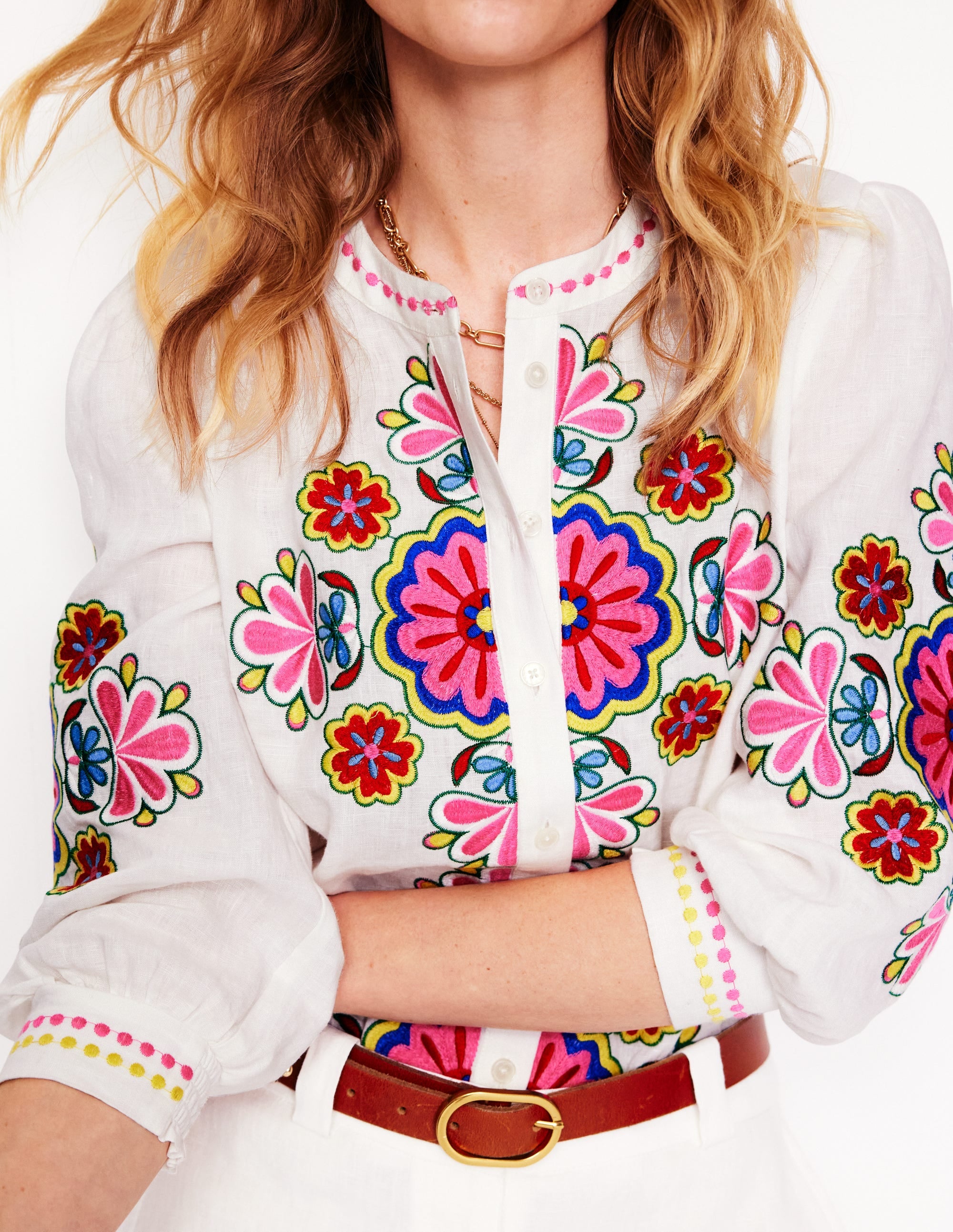 Alicia Linen Top-White, Floral Embroidery - Image 3