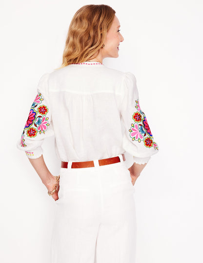 Alicia Linen Top-White, Floral Embroidery