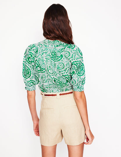 Bea Linen Top-Rich Emerald, Meadow Paisley