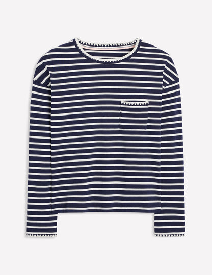 Blanket Stitch Boxy Top-Navy, Ivory