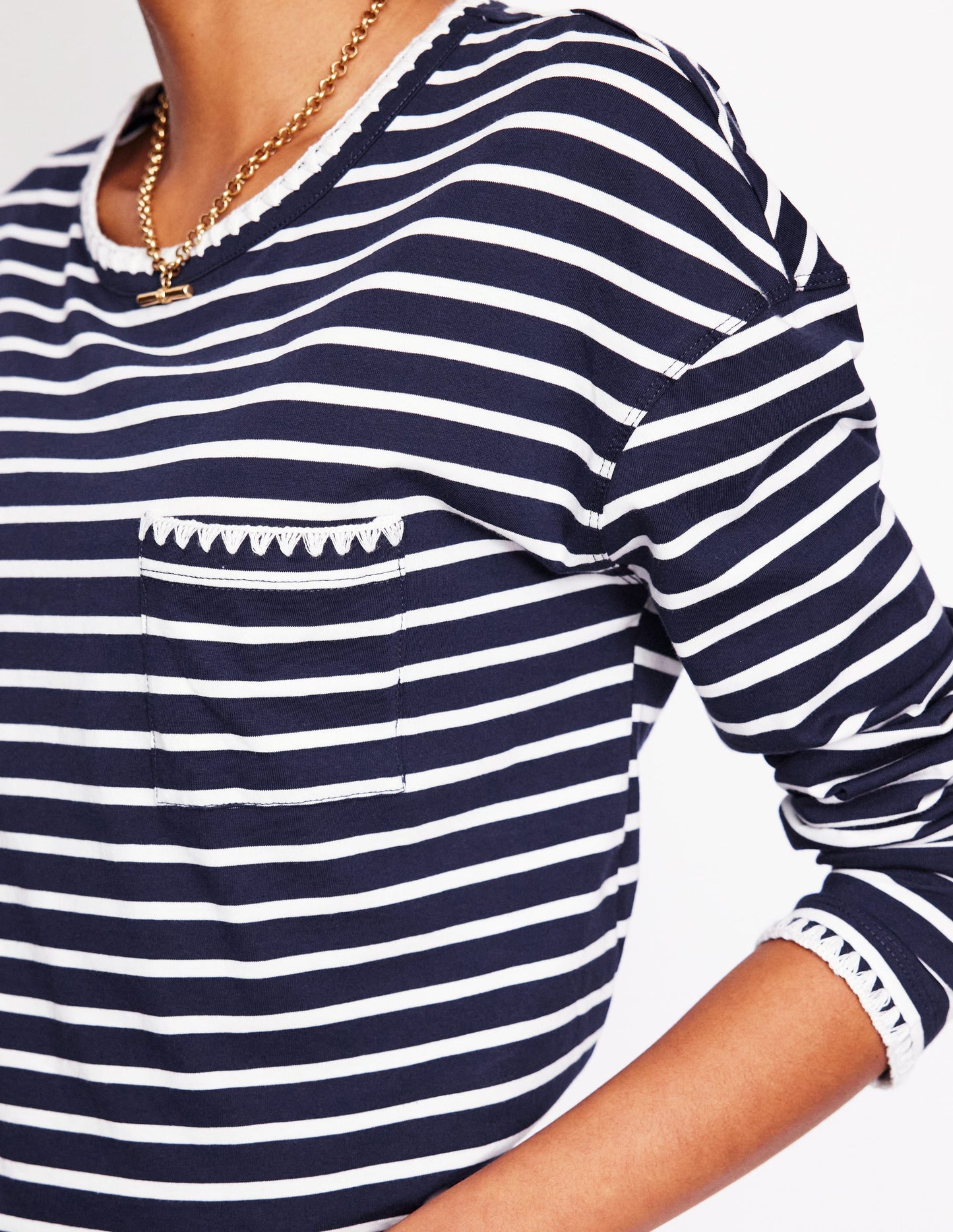 Blanket Stitch Boxy Top-Navy, Ivory