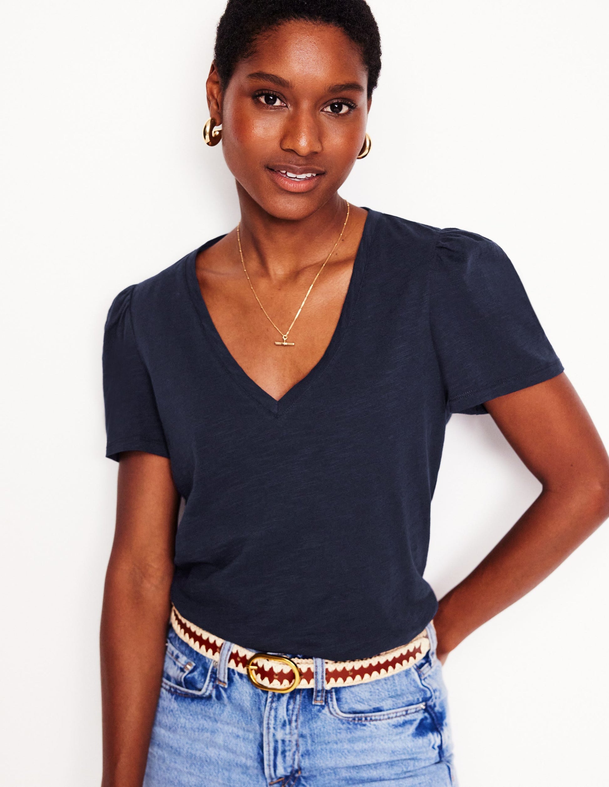 Sophie V-neck Slub T-shirt-Navy Sophie V-neck Slub T-shirt-Navy