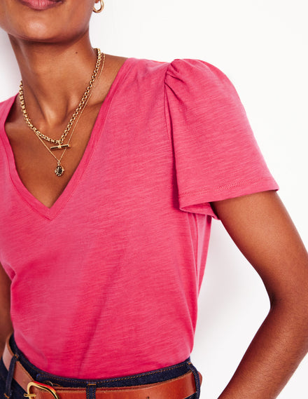 Short Sleeve V Neck T-shirt-Camelia Pink