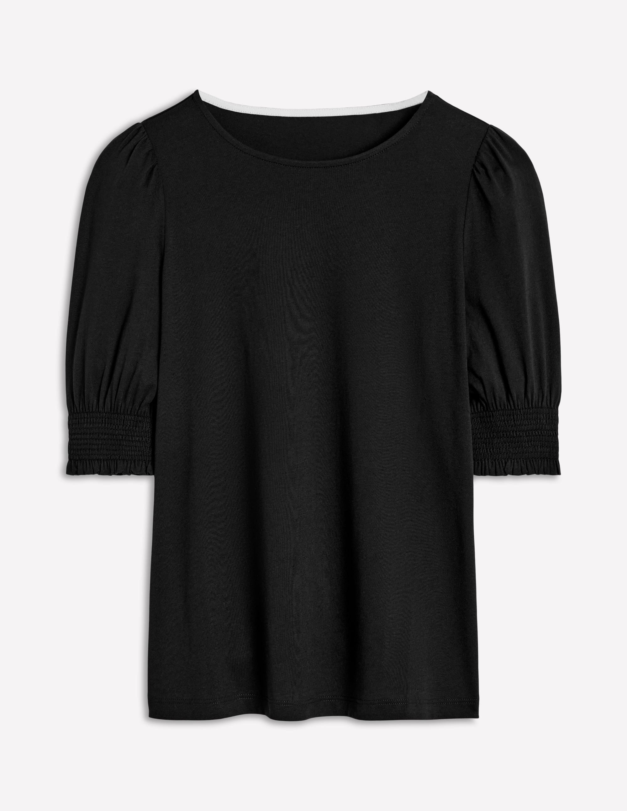 Short Sleeve Smocked Cuff Top-Black - Image 5