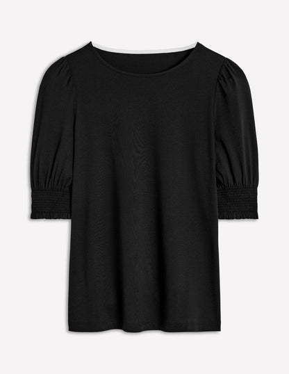 Short Sleeve Smocked Cuff Top-Black