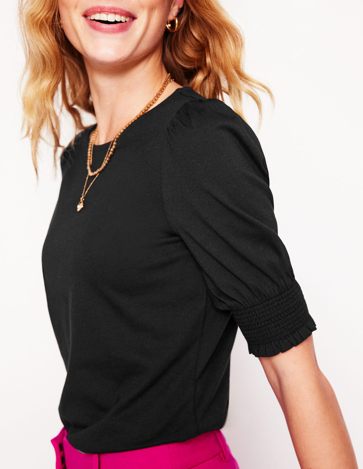 Short Sleeve Smocked Cuff Top-Black - Image 2