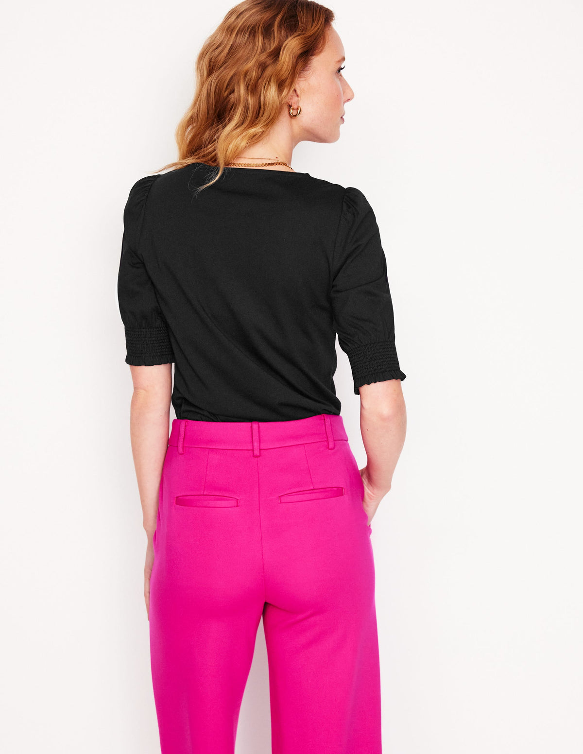 Short Sleeve Smocked Cuff Top-Black - Image 3