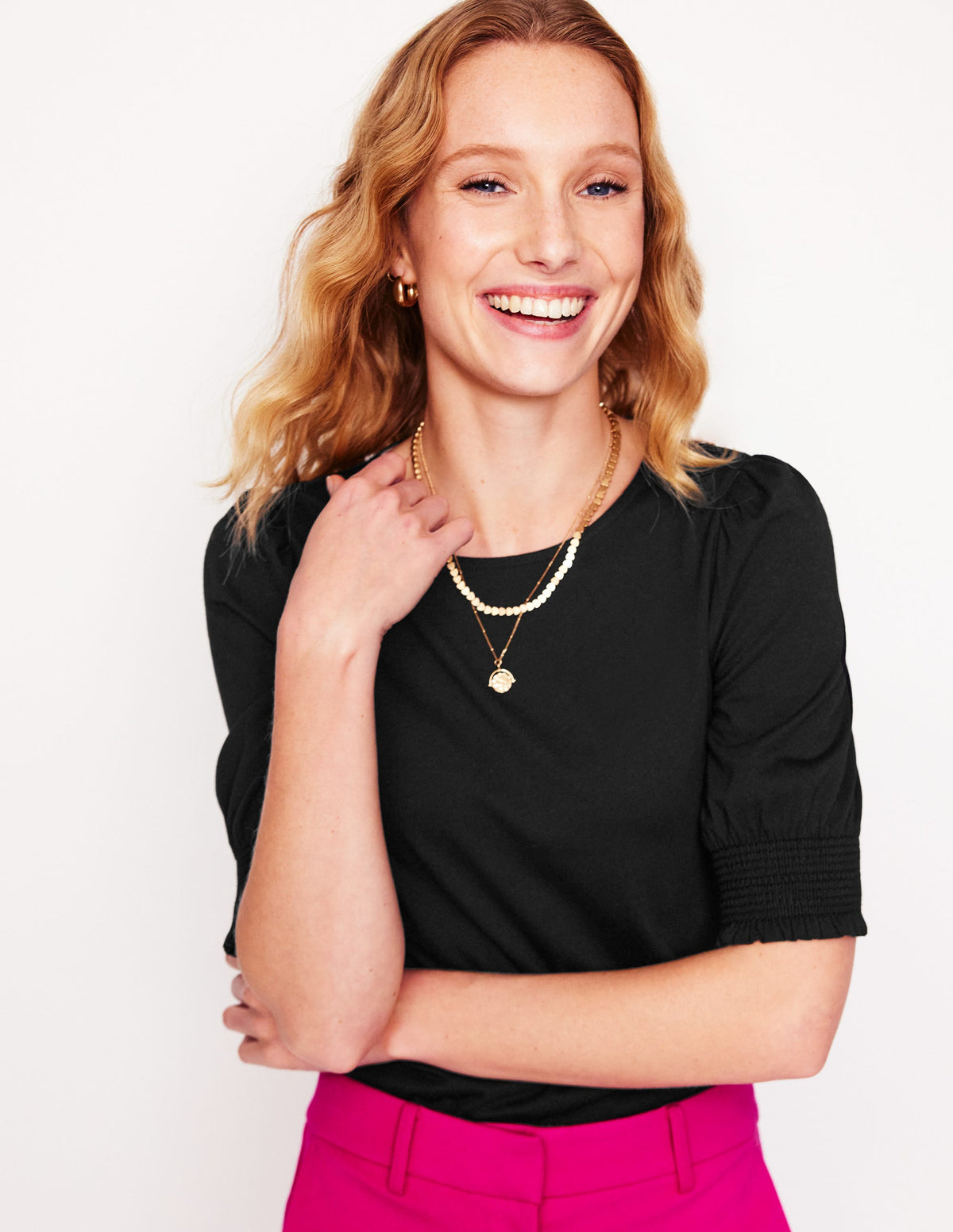 Short Sleeve Smocked Cuff Top-Black - Image 4
