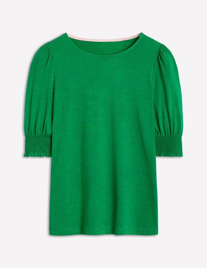 Short Sleeve Smocked Cuff Top-Rich Emerald