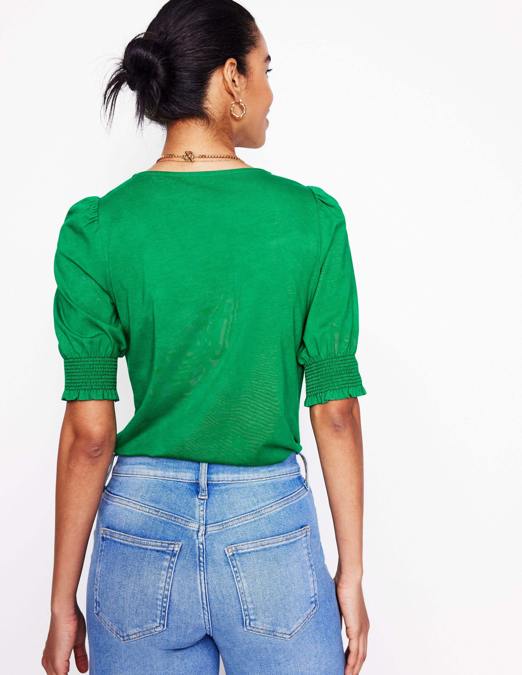 Short Sleeve Smocked Cuff Top-Rich Emerald - Image 3