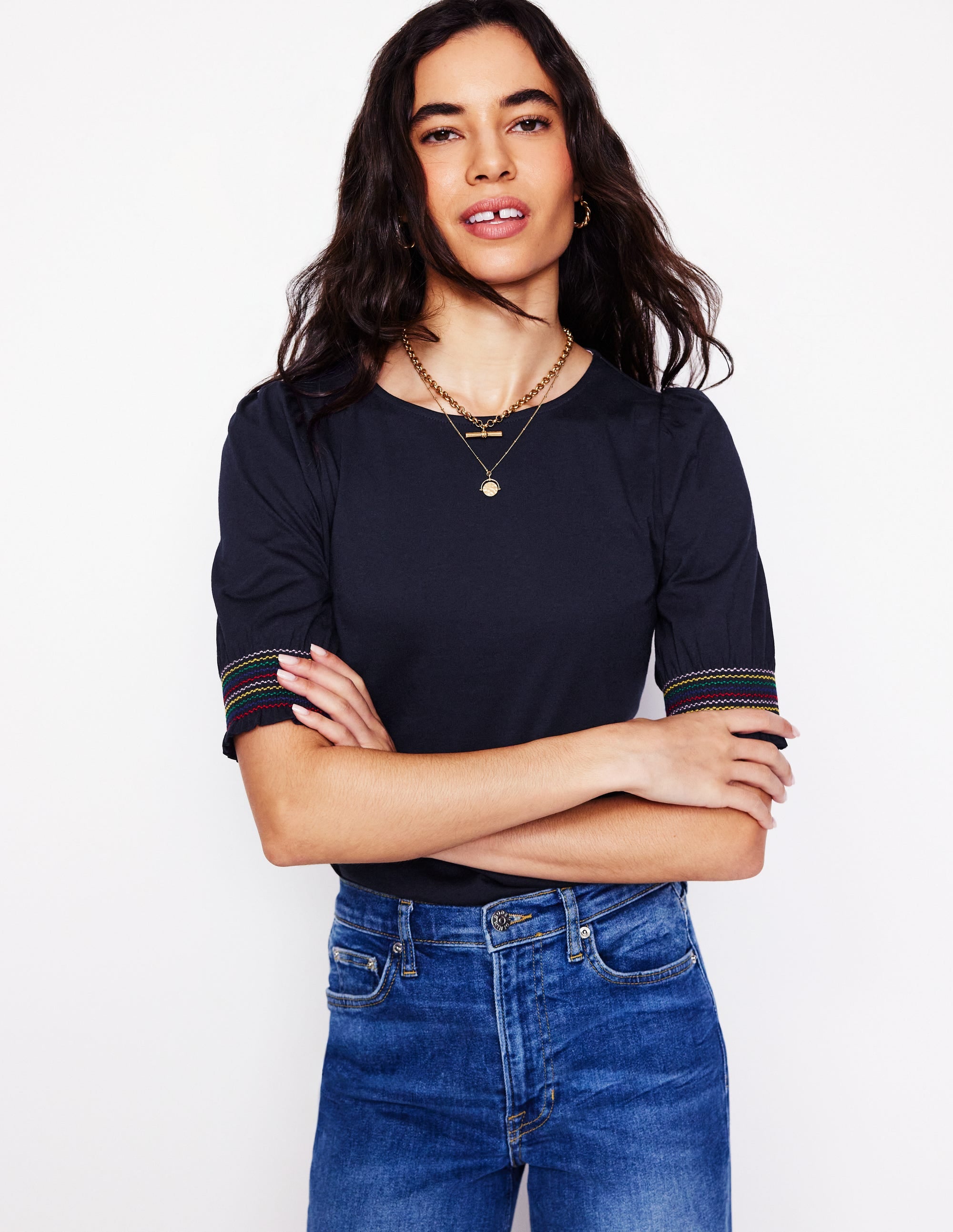 Cotton Smocked Cuff Top-Navy - Image 1