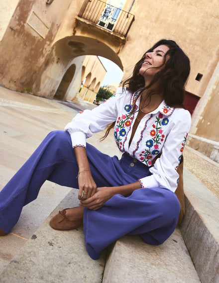 Embroidered Cotton Blouse-White, Floral Embroidery