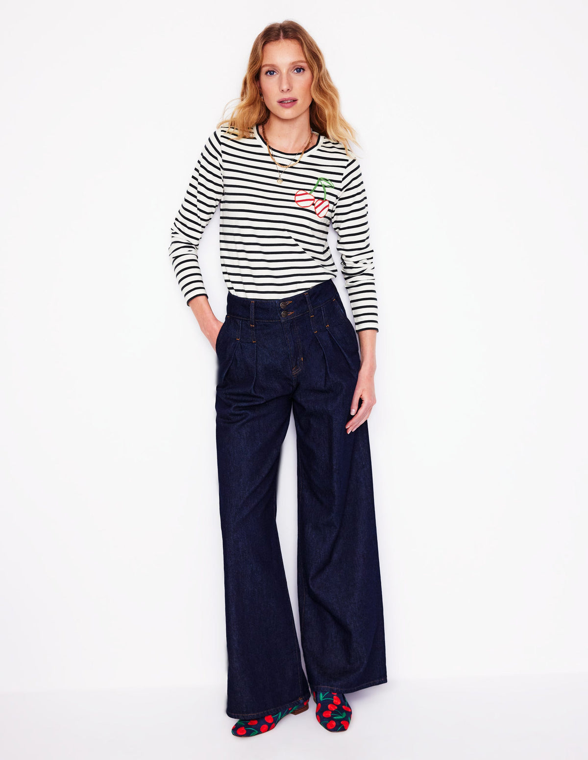 Novelty Long Sleeve Jersey Top-Ivory, Navy Cherries - Image 1