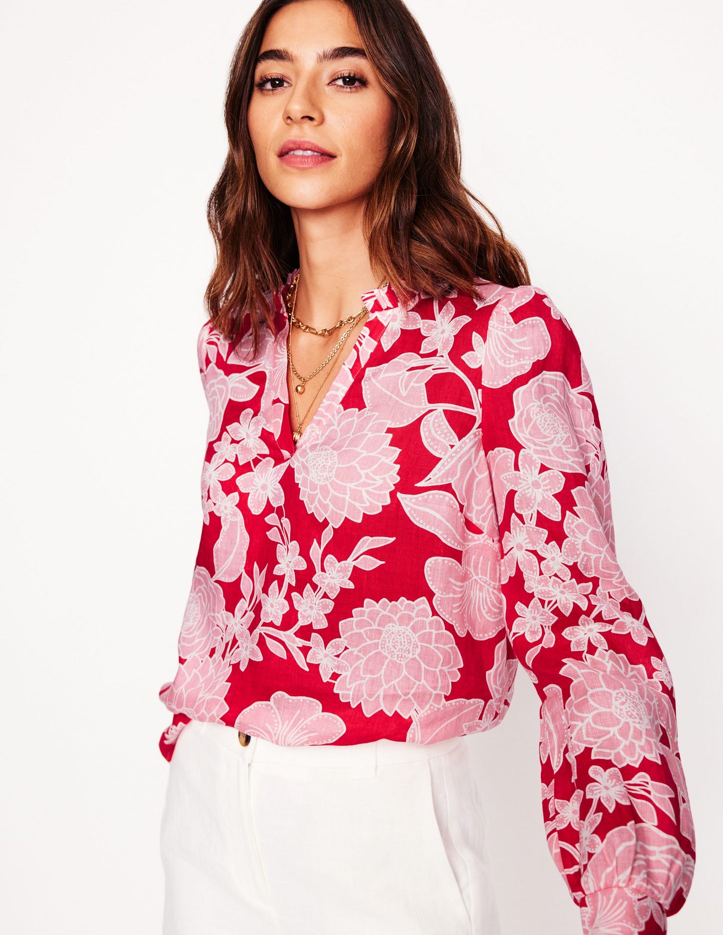 Grace Linen Top-Poppy Red, Blossom Cascade