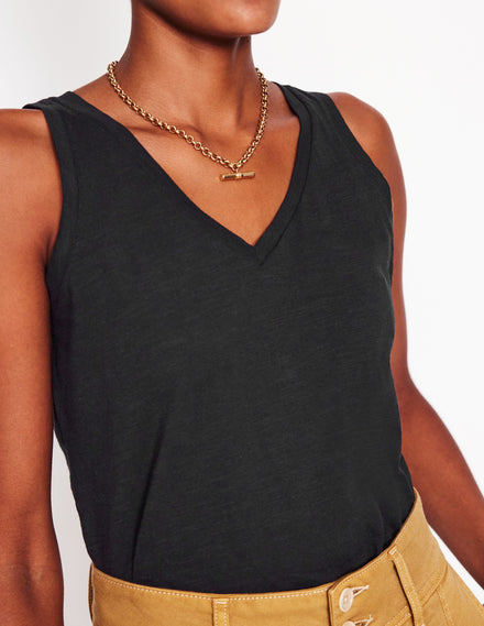 Regular V-Neck Slub Tank-Black