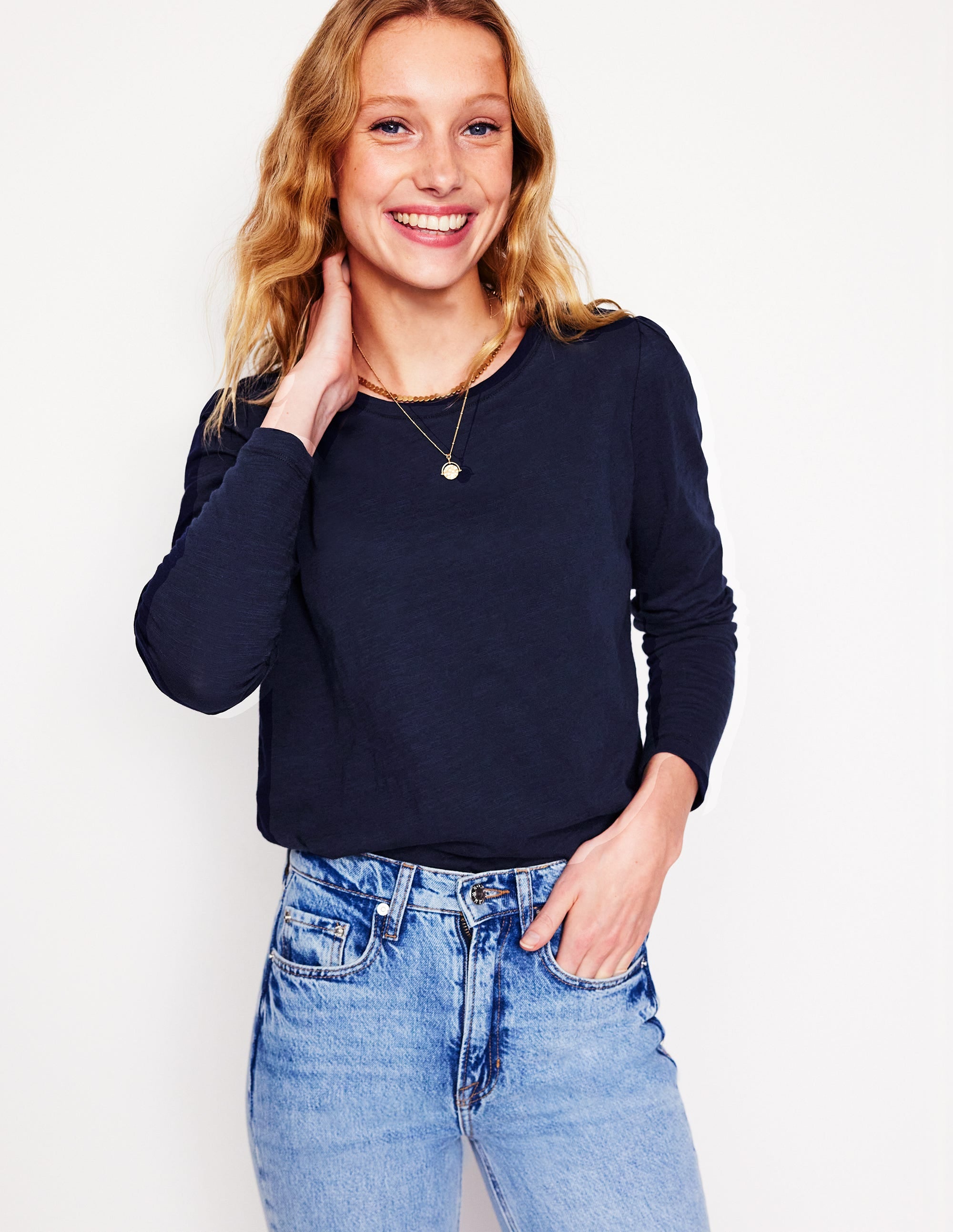 Cotton Crew Long Sleeve Top-Navy - Image 1