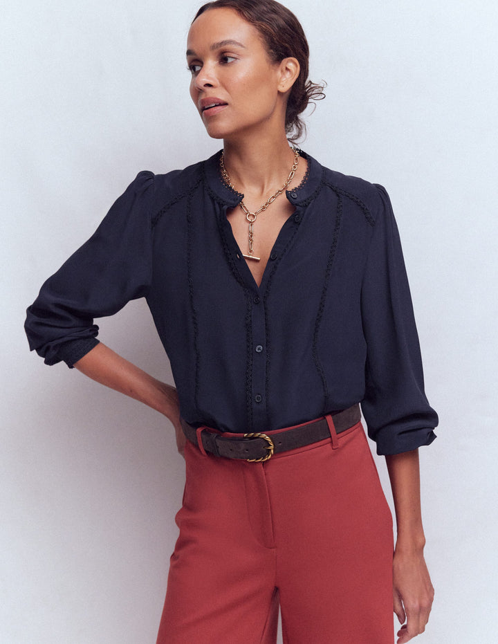 Rhea Trim Detail Silk Top-Denim Blue, Blossomy Sprig