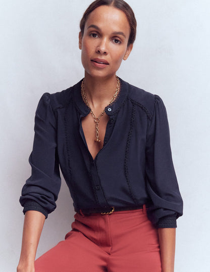 Rhea Trim Detail Silk Top-Navy-4