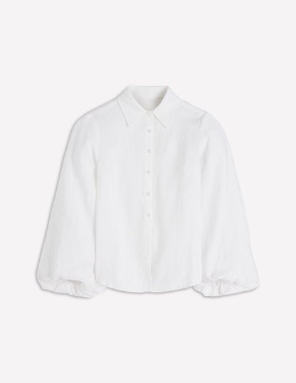 Puff Sleeve Linen Shirt-White-5
