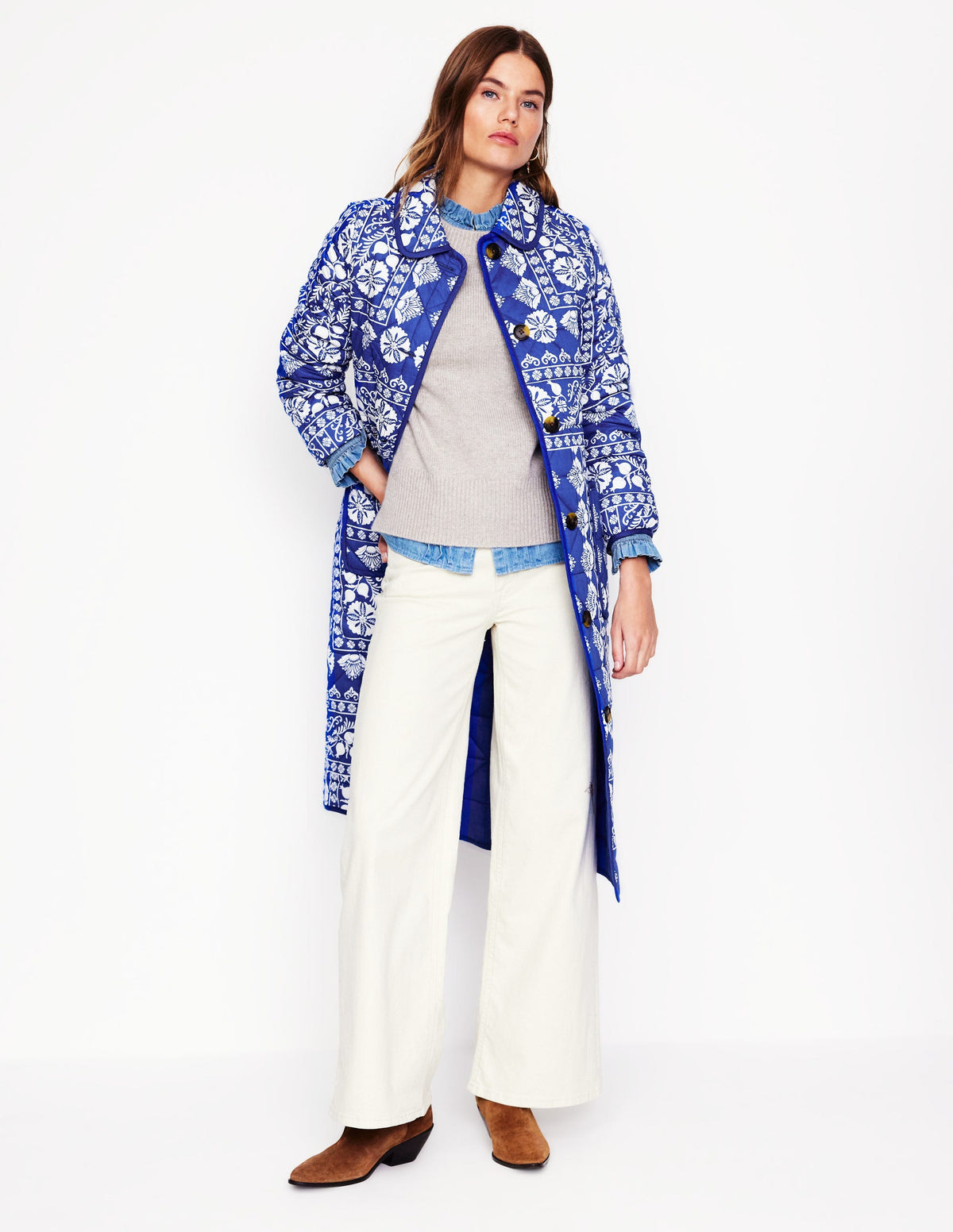 Soft Quilted Coat-Bright Blue, Ornate Border - Image 1