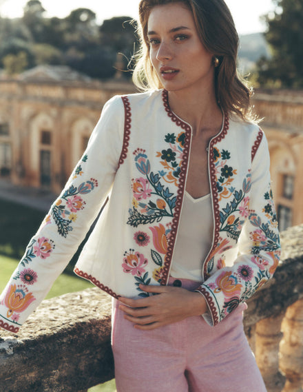 Embroidered Linen Jacket-Ivory, Tulip Fusion