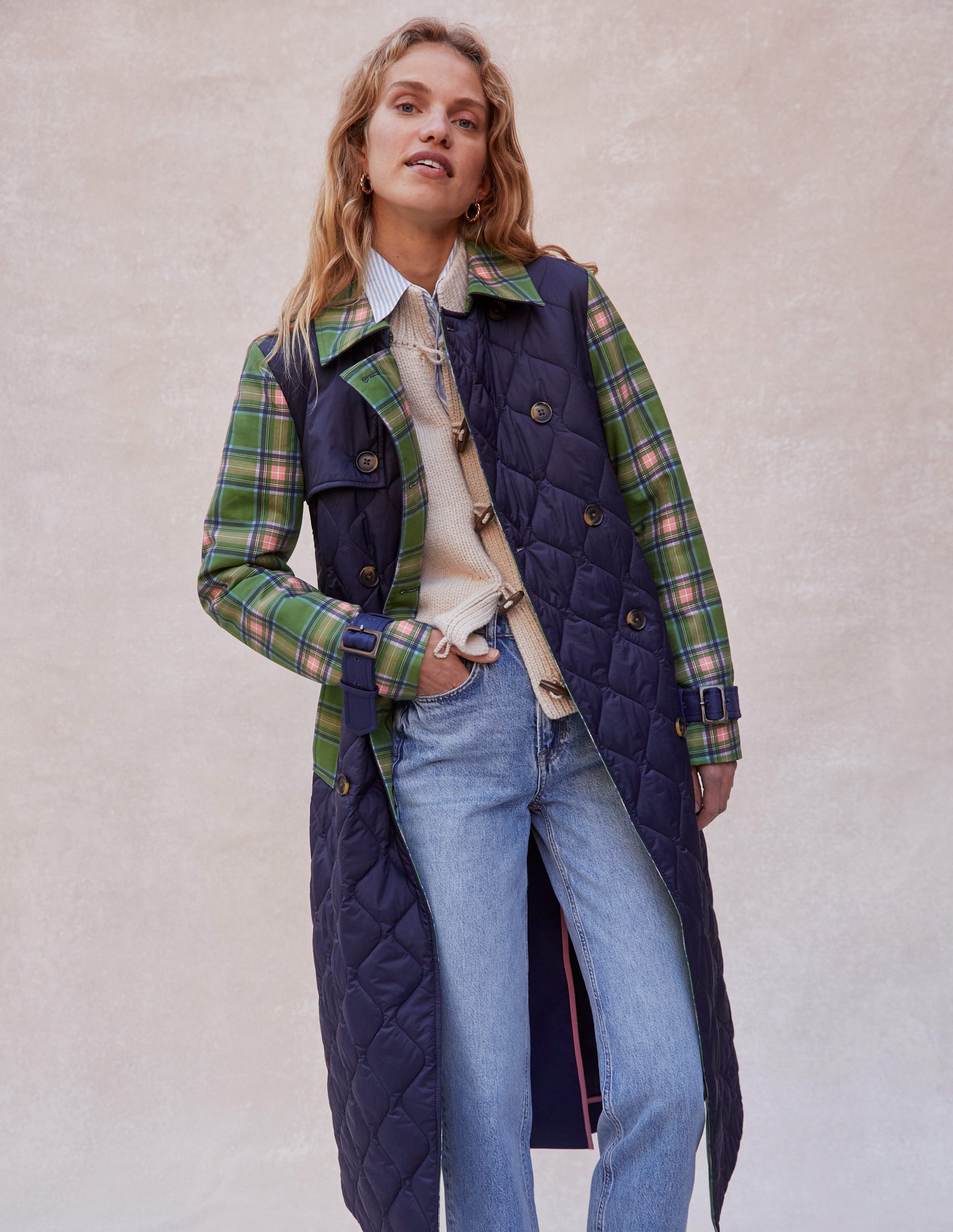 Quilted Trench Coat-Navy - Image 2
