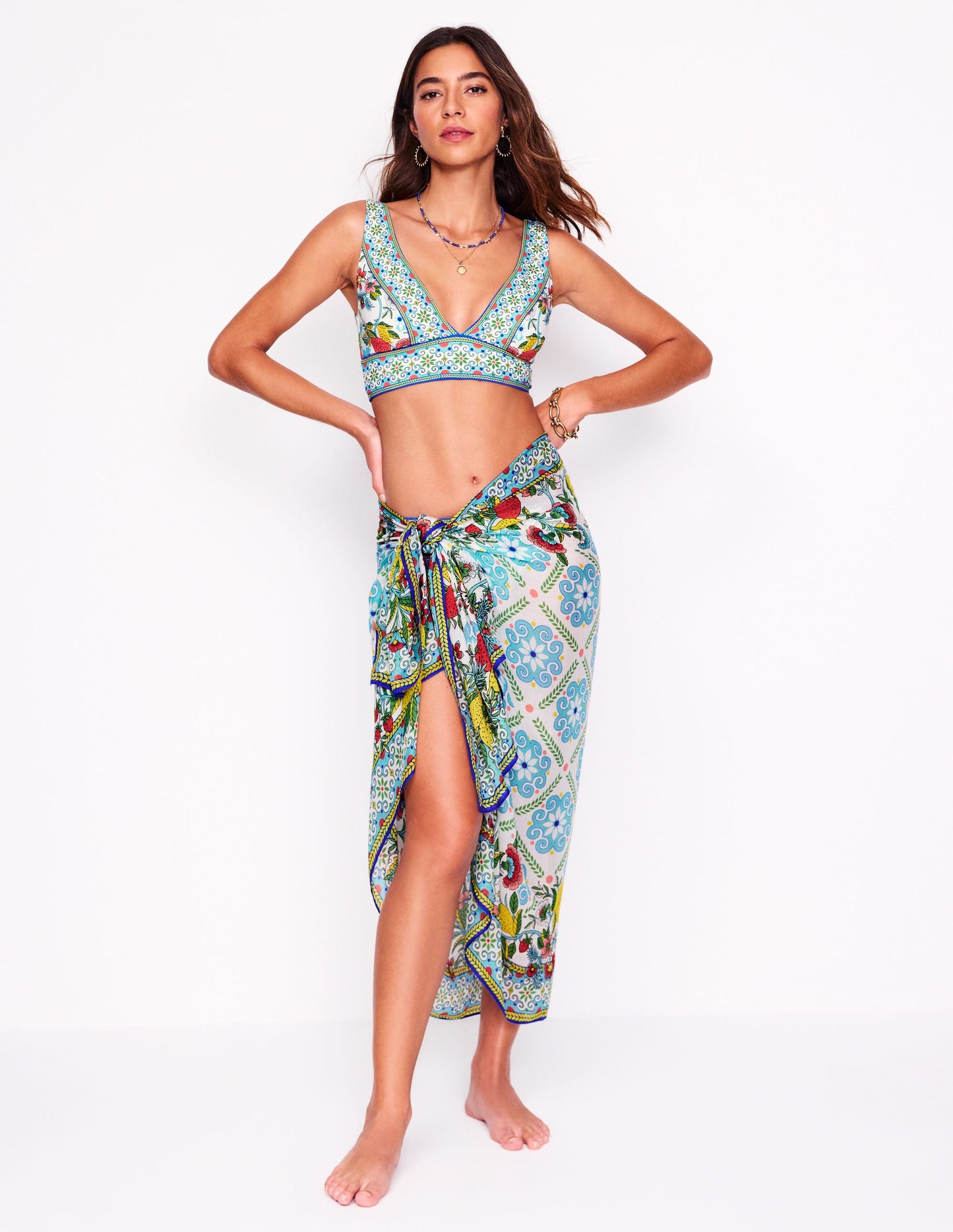 Printed Sarong Scarf-Multi, Citrus Vine Tile