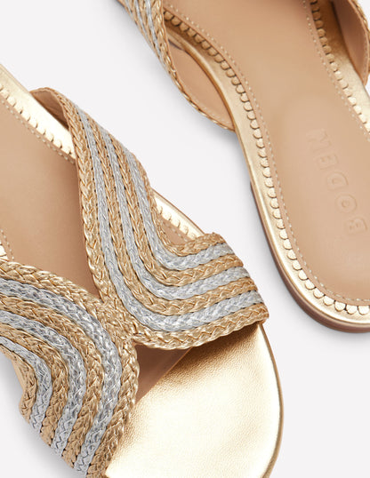 Striped Flat Sandals-Gold/Silver