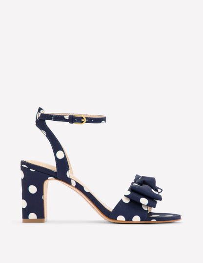 Bow Heeled Sandals-Navy and Ecru Spot