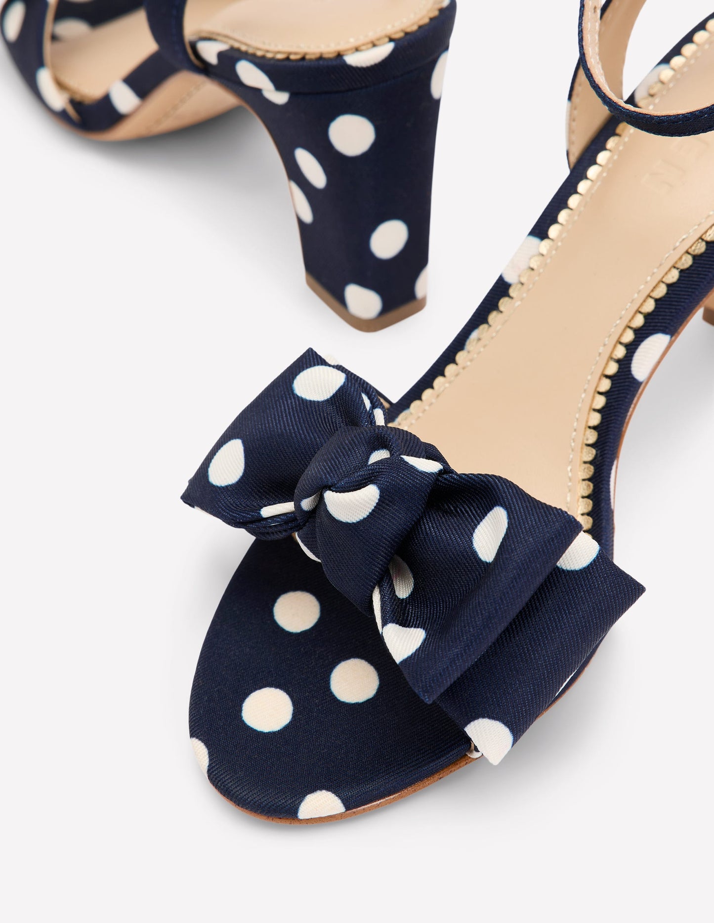 Bow Heeled Sandals-Navy and Ecru Spot