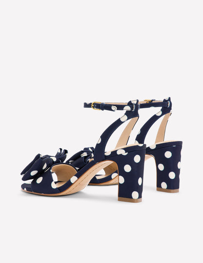 Bow Heeled Sandals-Navy and Ecru Spot