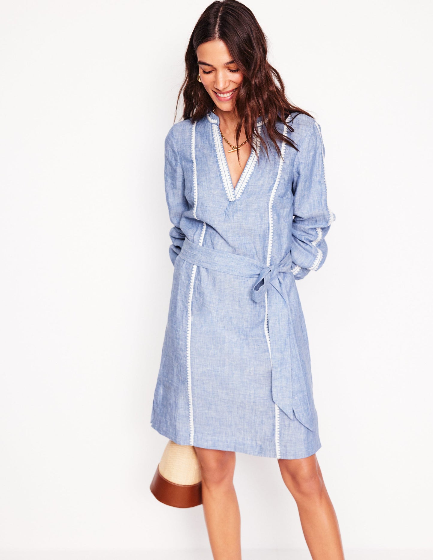 Cleo Linen Tie Waist Dress-Chambray Embroidery