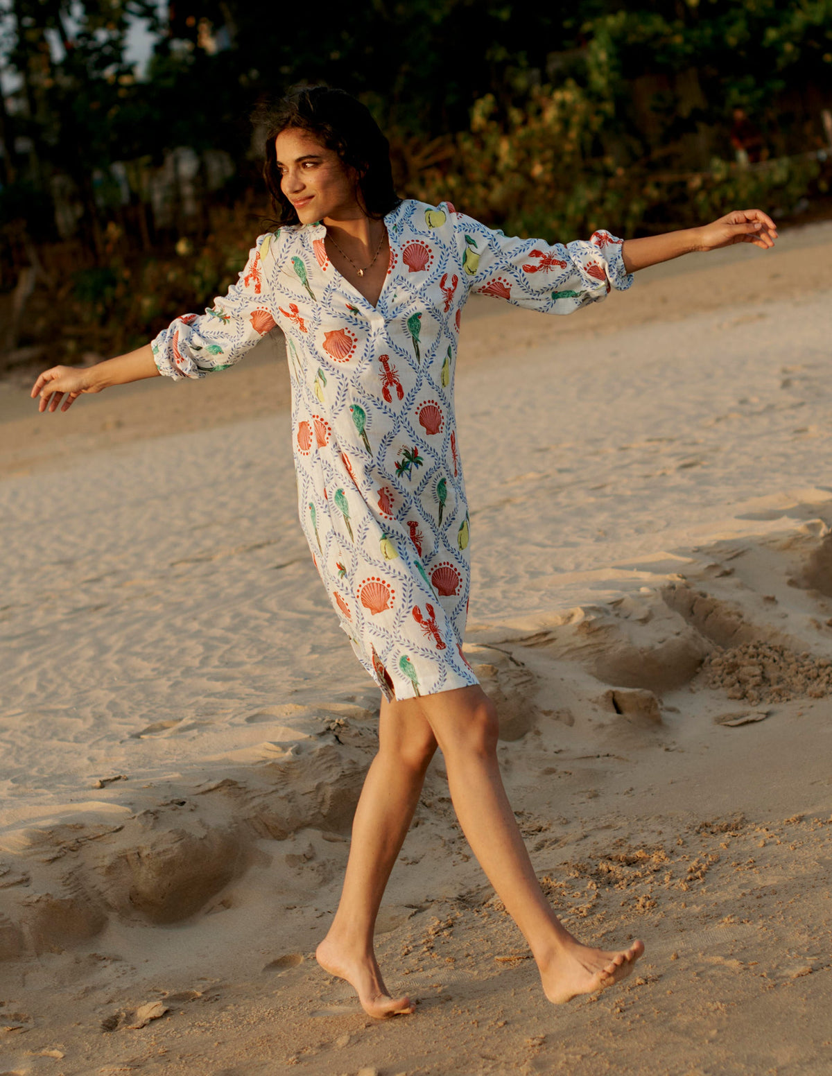 Cleo Linen Tie Waist Dress-Ivory, Tropical Bonanza Vine - Image 5