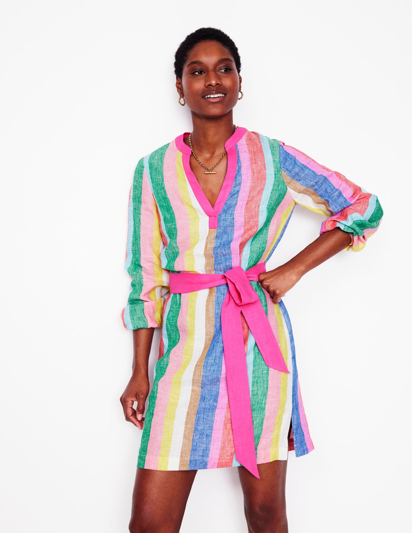 Cleo Linen Tie Waist Dress-Bright Rainbow Stripe