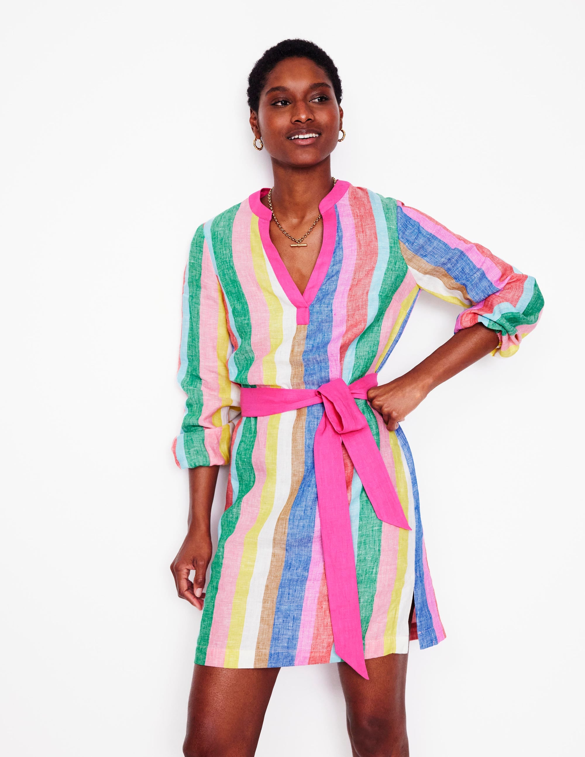 Cleo Linen Tie Waist Dress-Bright Rainbow Stripe - Image 1