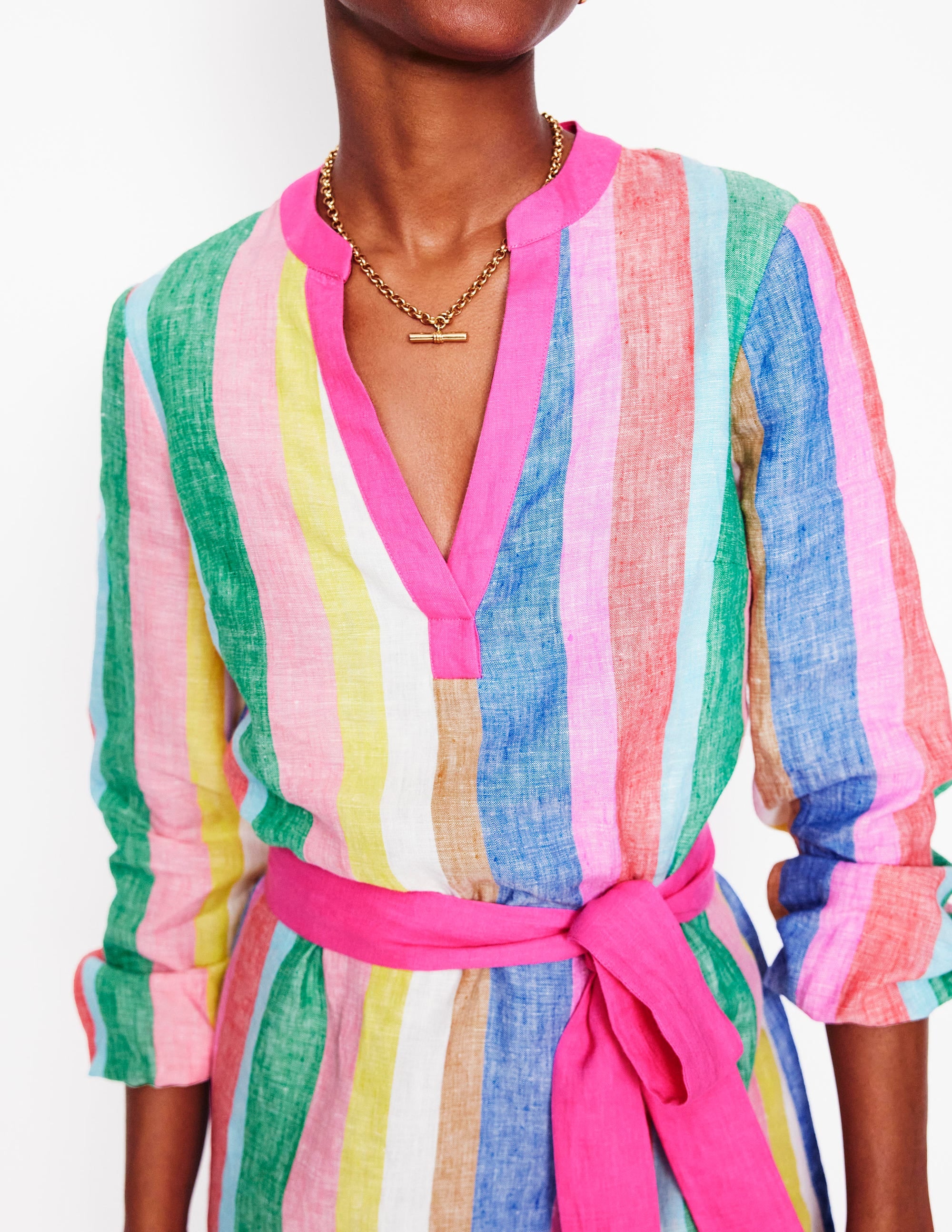 Cleo Linen Tie Waist Dress-Bright Rainbow Stripe - Image 2