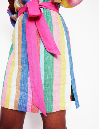 Cleo Linen Tie Waist Dress-Bright Rainbow Stripe