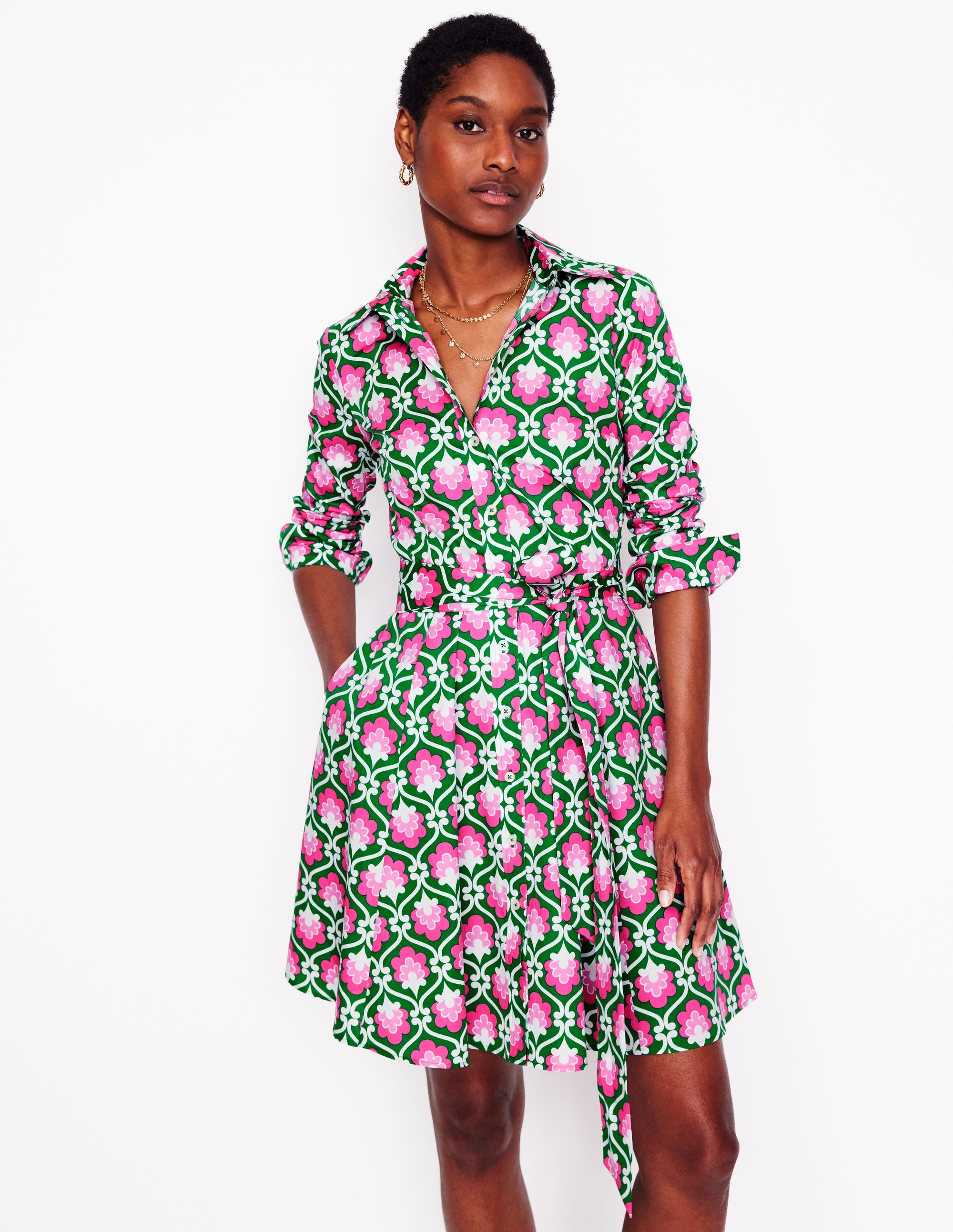 Amy Cotton Short Shirt Dress-Rich Emerald, Ivy Trellis - Image 1