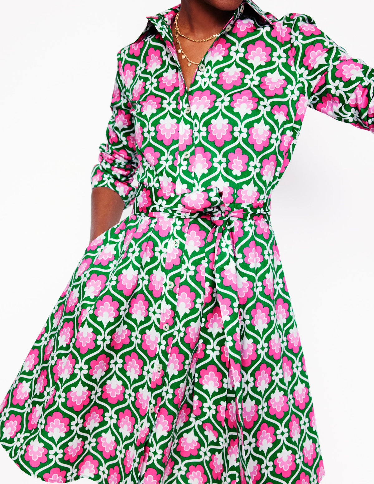 Amy Cotton Short Shirt Dress-Rich Emerald, Ivy Trellis - Image 2