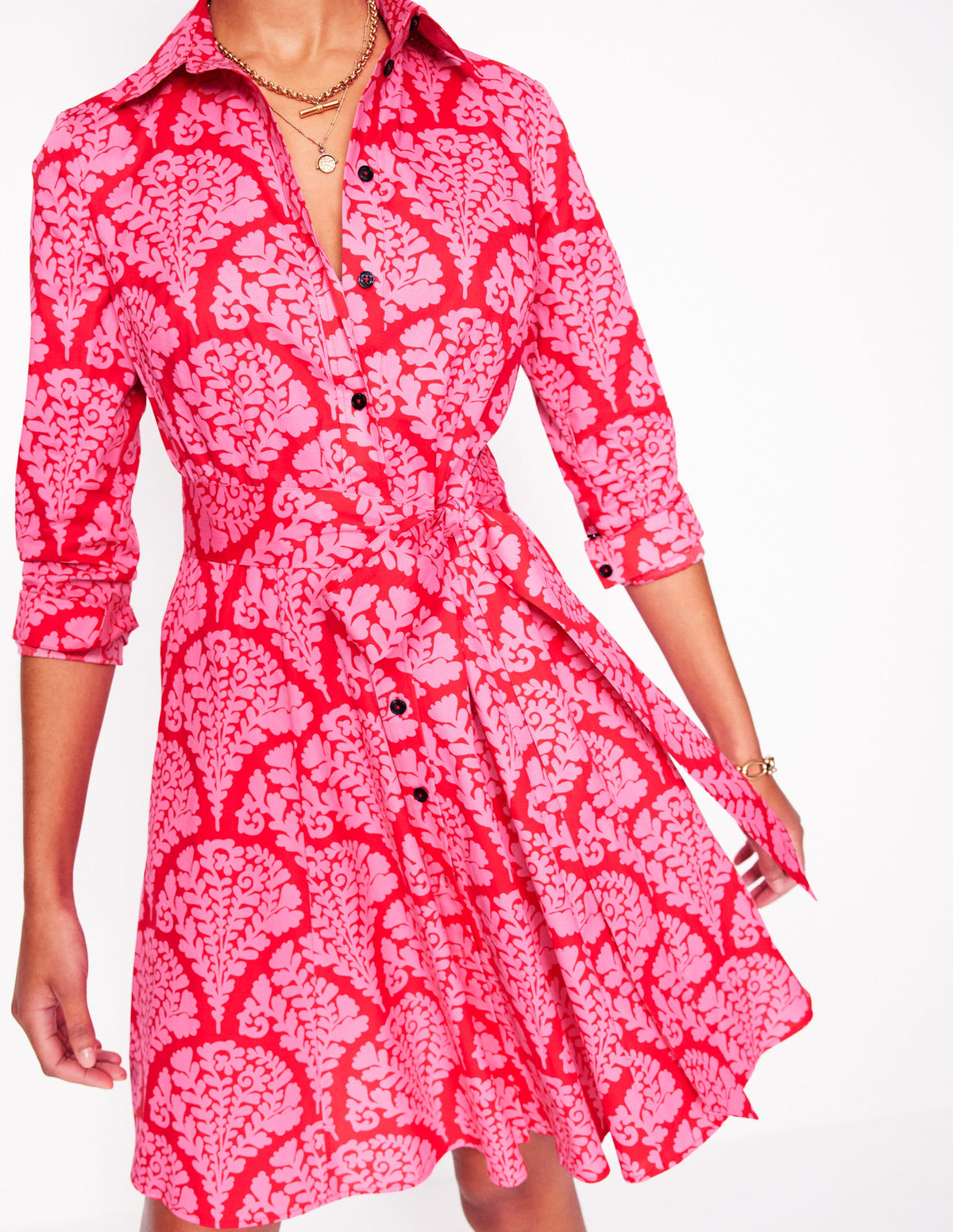 Amy Cotton Short Shirt Dress-Poppy Red, Blossomy - Image 2
