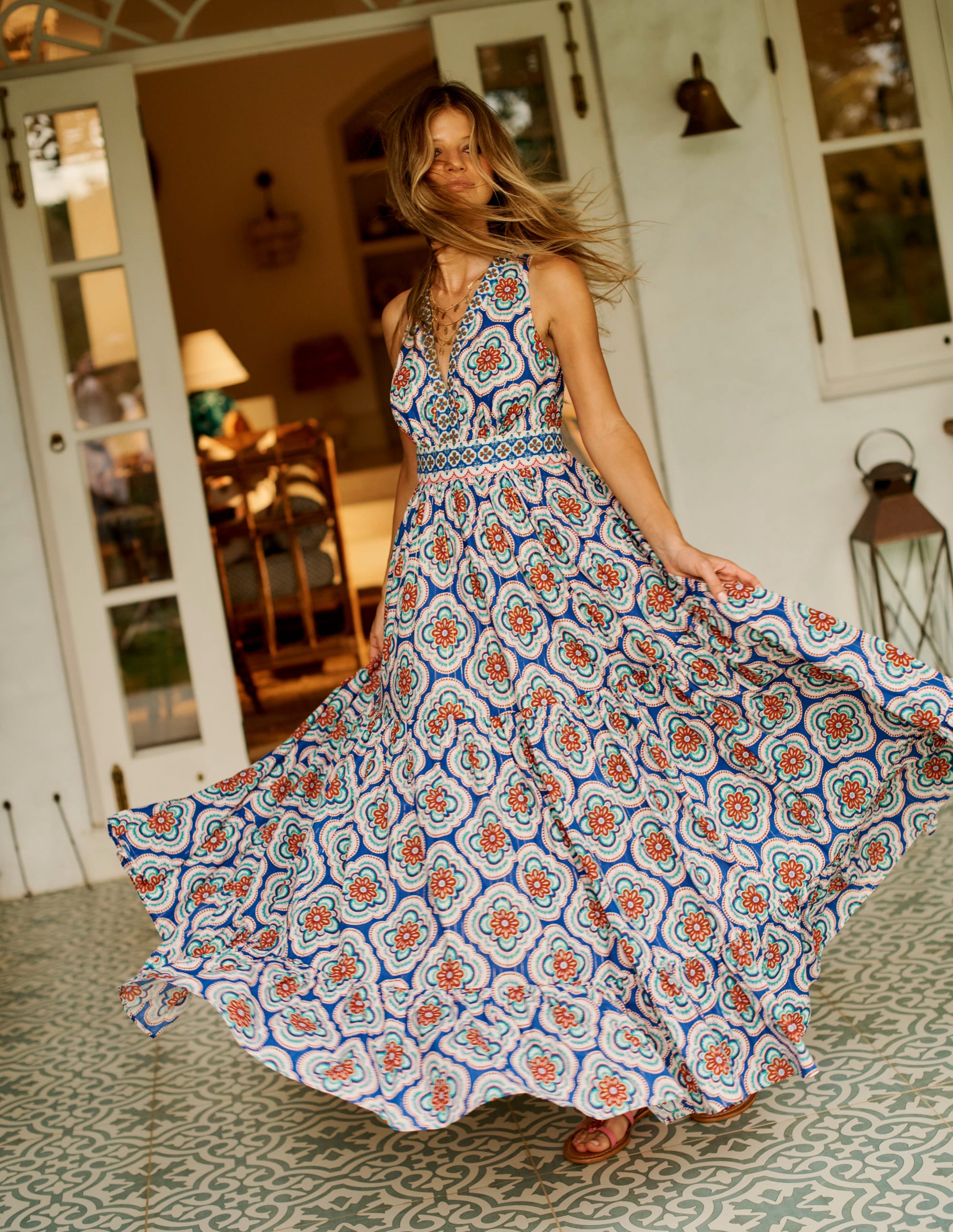 Serena Cotton Tie Maxi Dress-Bright Blue, Botanic Blush - Image 5