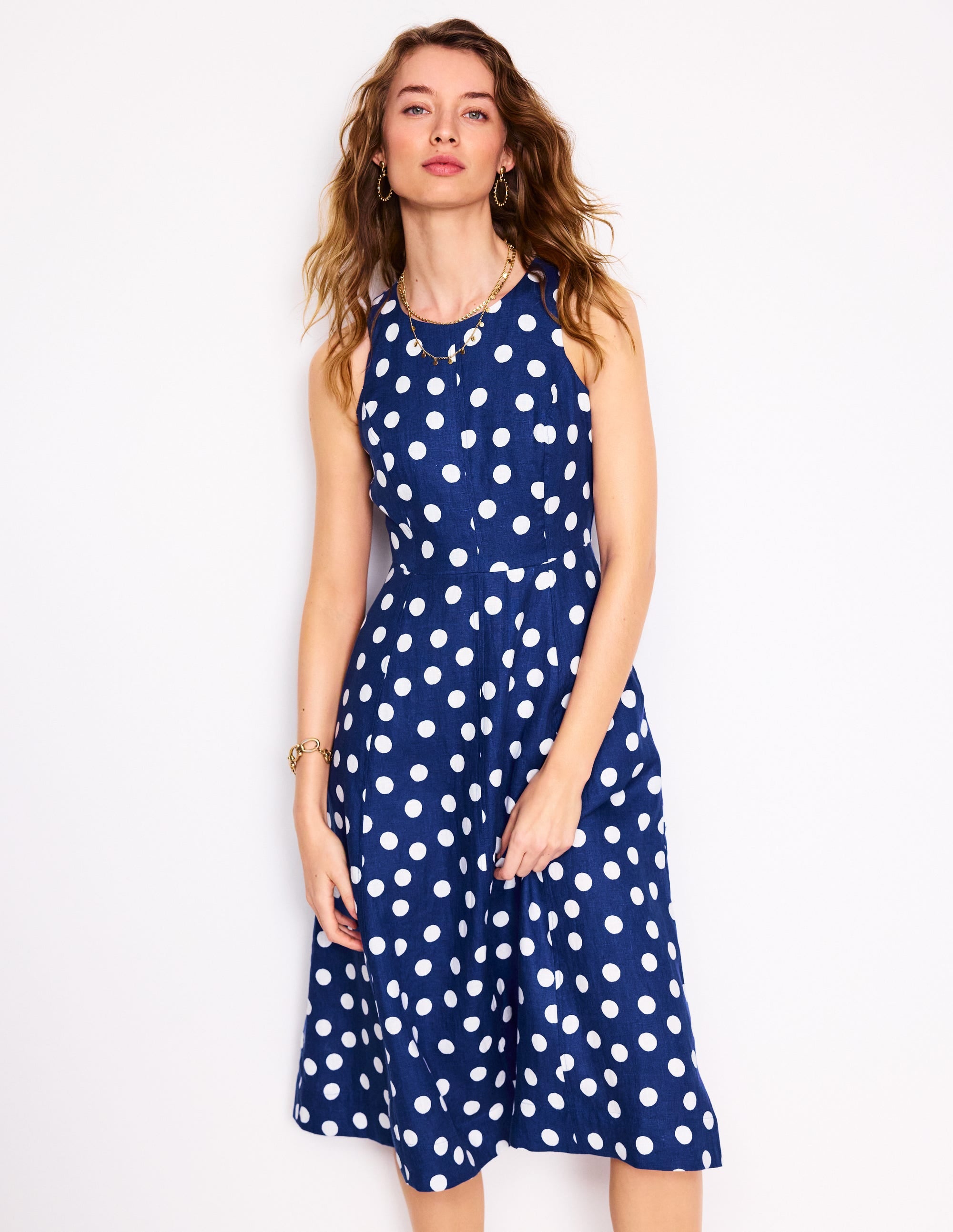 Carla Linen Midi Dress-Starboard Blue, Painted Dot - Image 1