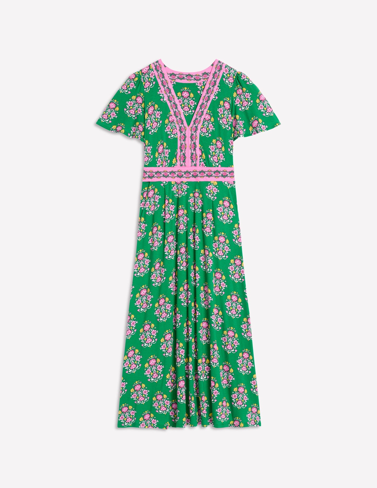 Ellie Flutter Maxi Tea Dress-Rich Emerald, Wildflower Stamp