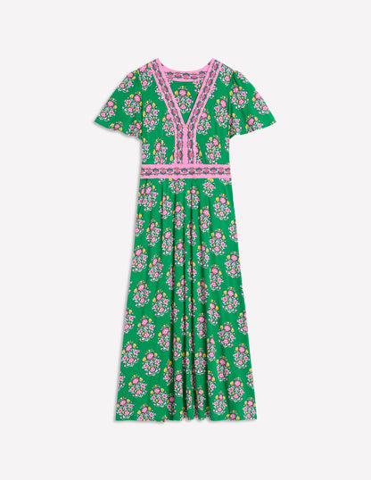 Ellie Flutter Maxi Tea Dress-Rich Emerald, Wildflower Stamp