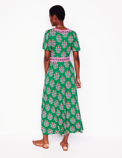 Ellie Flutter Maxi Tea Dress-Rich Emerald, Wildflower Stamp