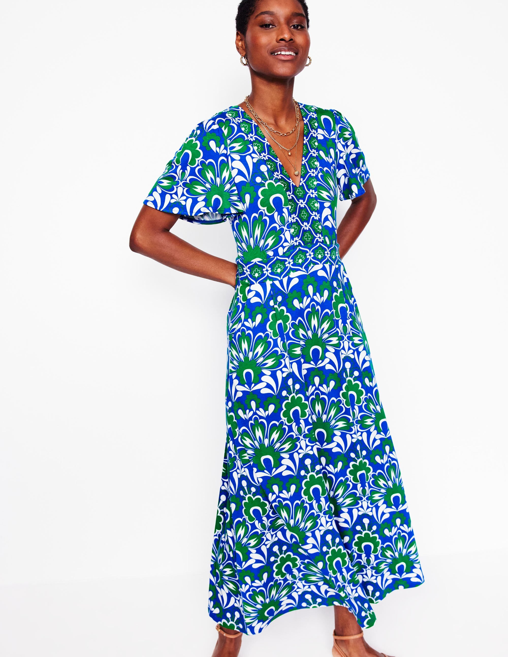 Ellie Flutter Maxi Tea Dress-Blue, Decorative Dandelion - Image 1