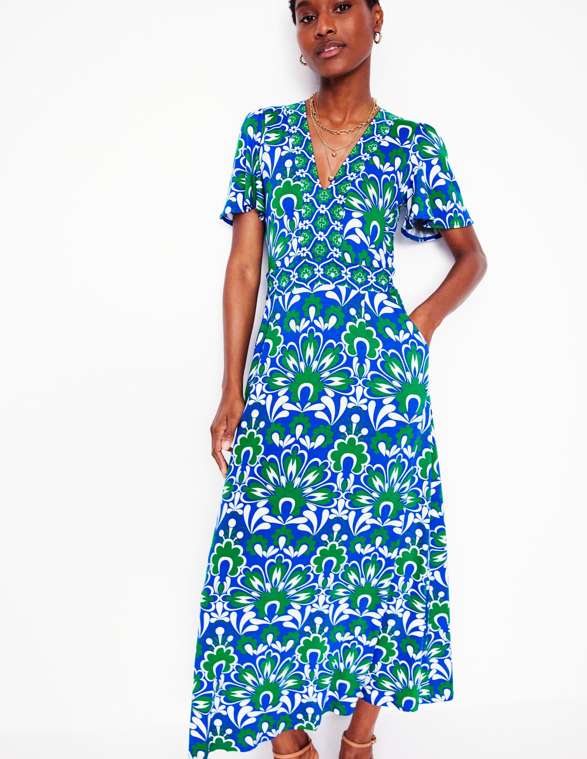 Ellie Flutter Maxi Tea Dress-Blue, Decorative Dandelion - Image 4