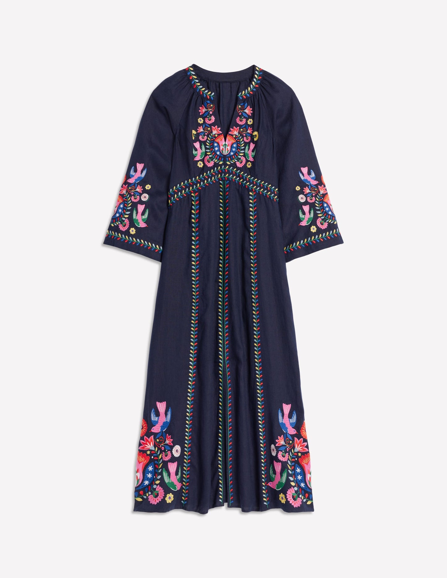 Una Linen Embroidered Dress-Navy, Multi Embroidery